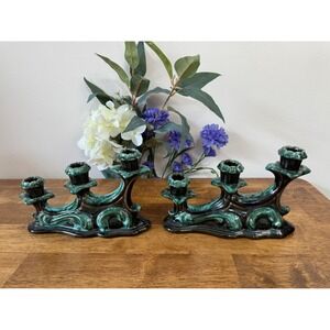 Vintage Blue‎ Mountain Pottery Triple Candle Holder Pair Green Drip Glaze Retro